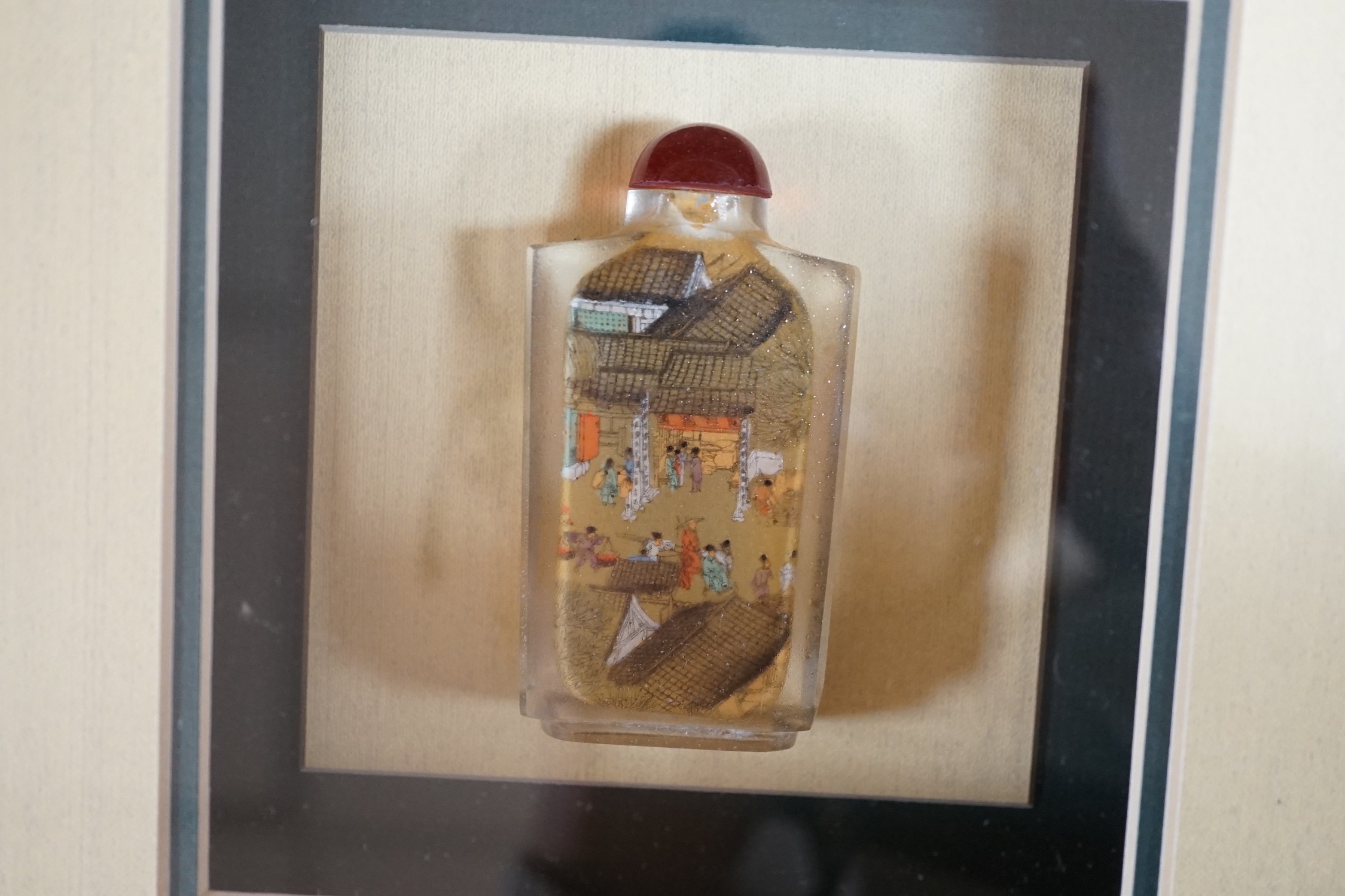 Three framed and mounted Chinese inside-painted snuff bottles and four other items